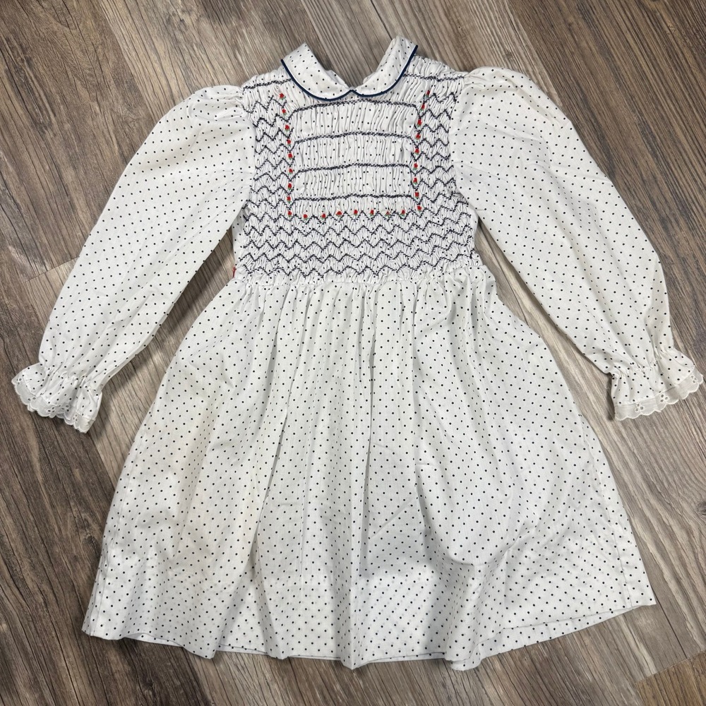 Little Capezio Girls Vintage Smocked Polka Dot Dress Size 6 White Red Blue 80s